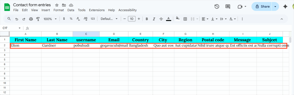 wordpress form entires automatically added to google sheet