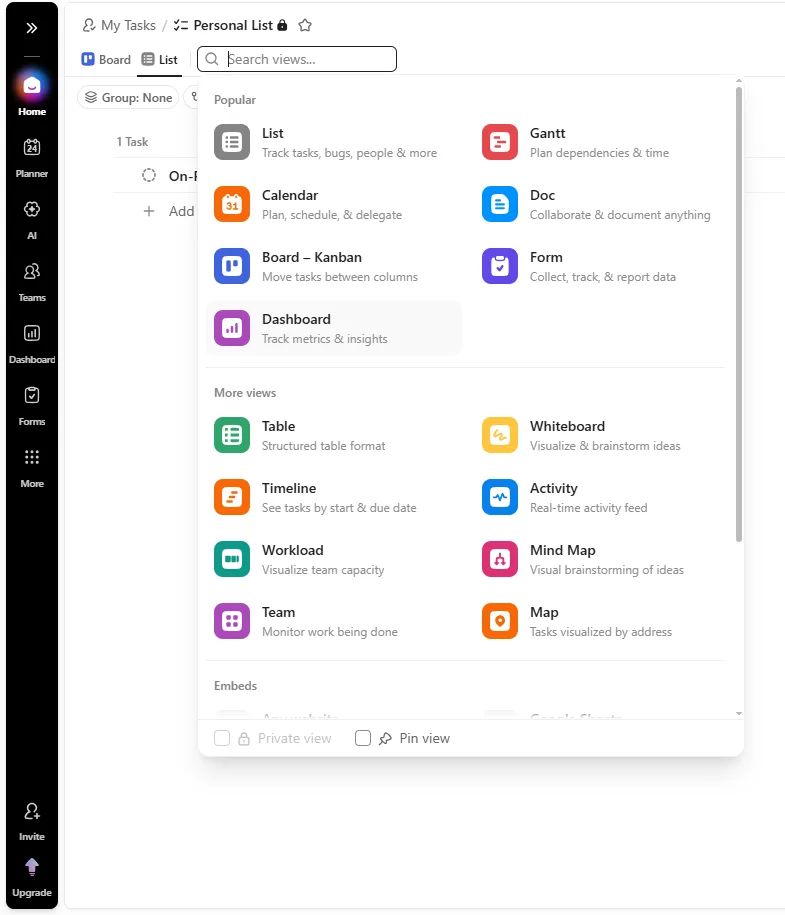 ClickUp views lists