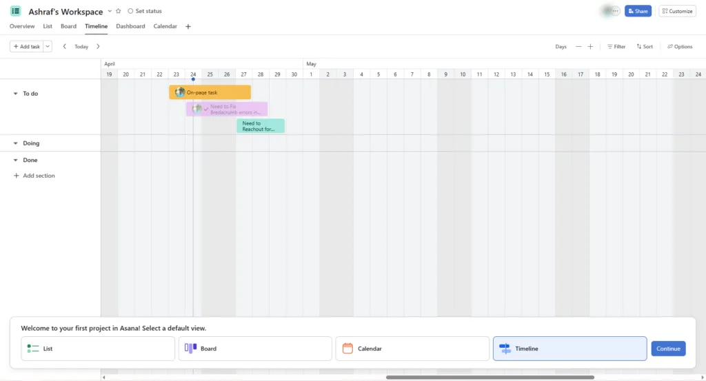 Asana timeline view