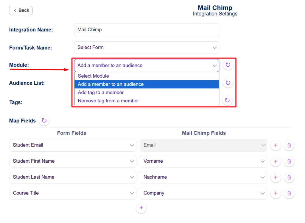 Mailchimp integration dashboard