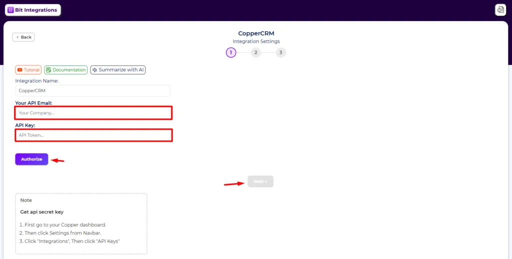 Authorize Copper using API