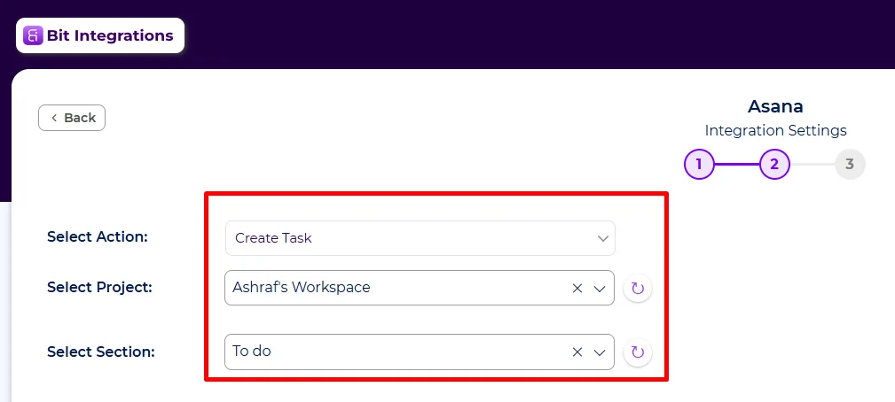 Choose Asana details