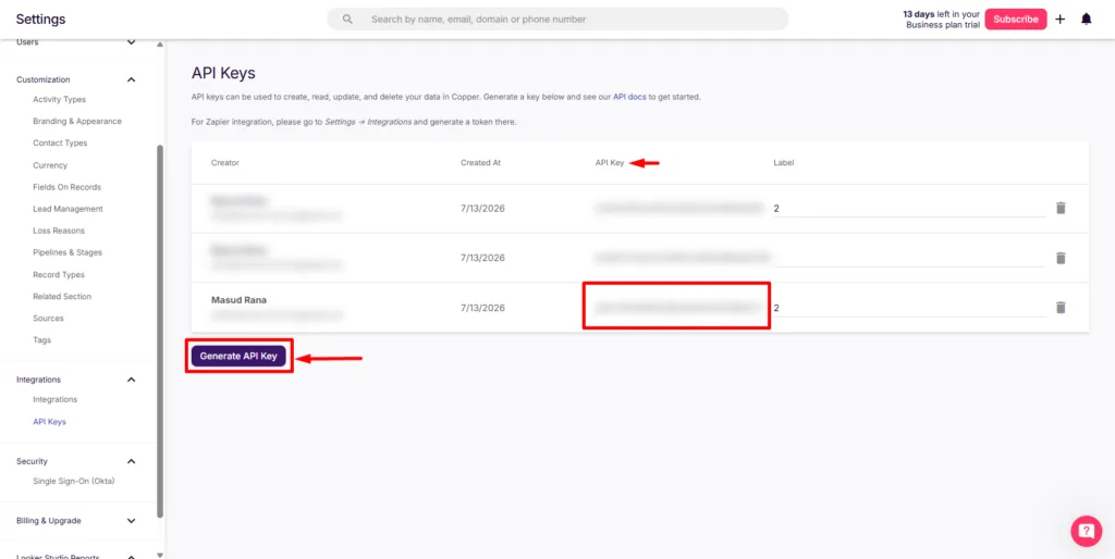 Click on Generate API key