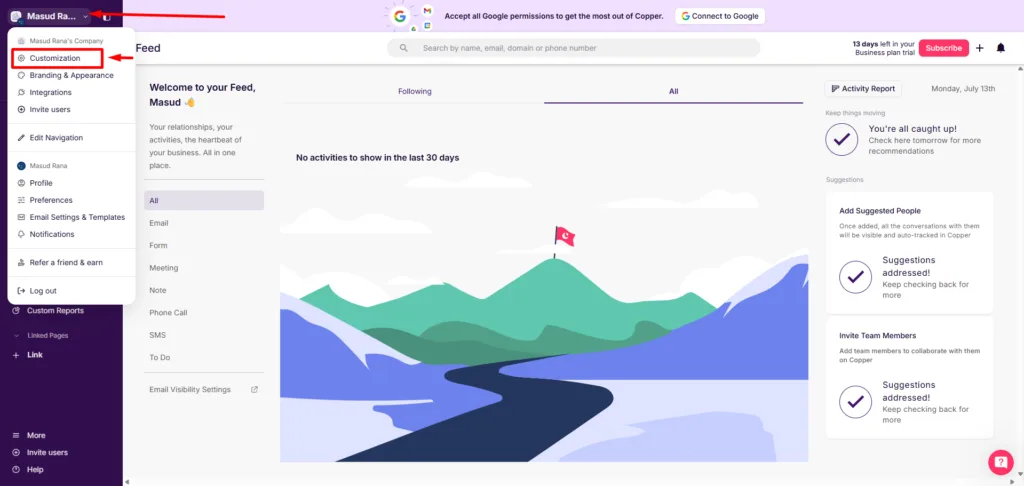 Go to Copper CRM customization