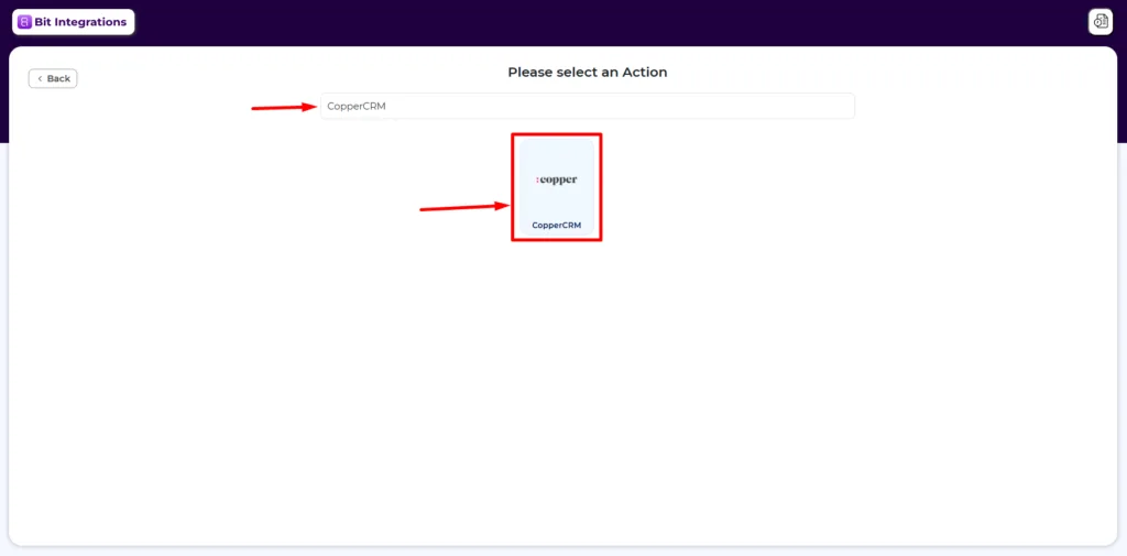 Search and select Copper CRM as an action