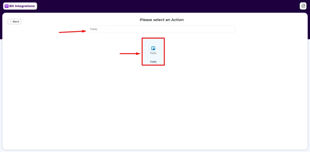 Search and select the Trello as an action