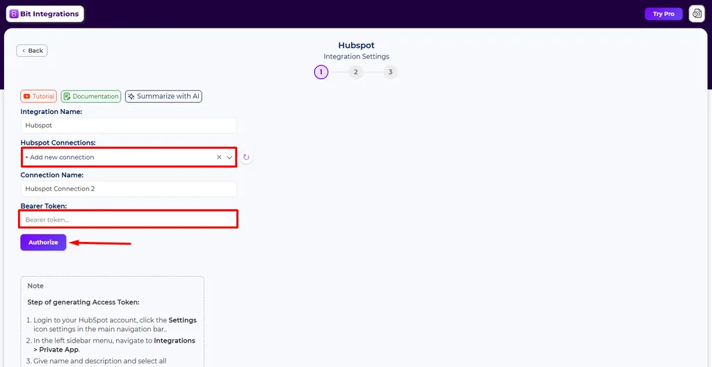 Authorize HubSpot account with Bearer token