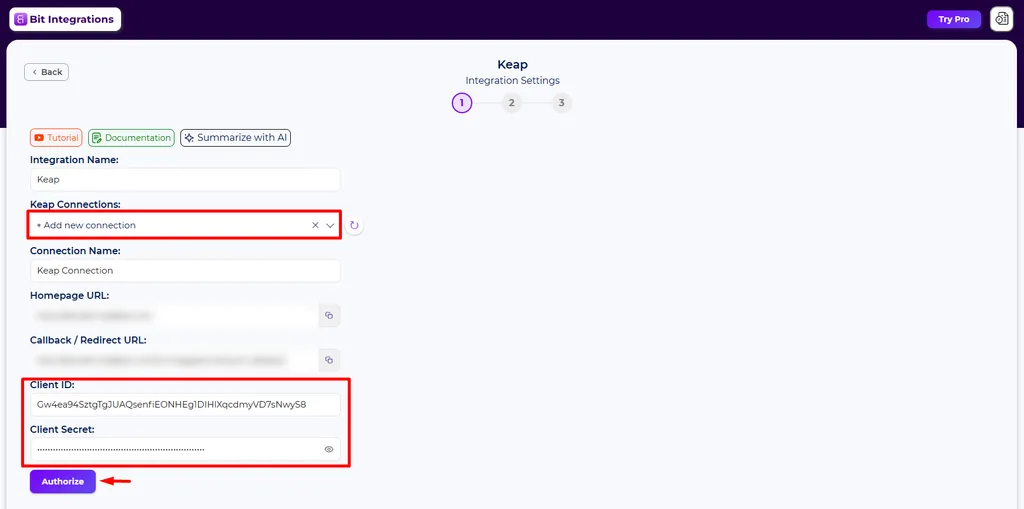 Authorize the Keap Account using Client id and Client secret