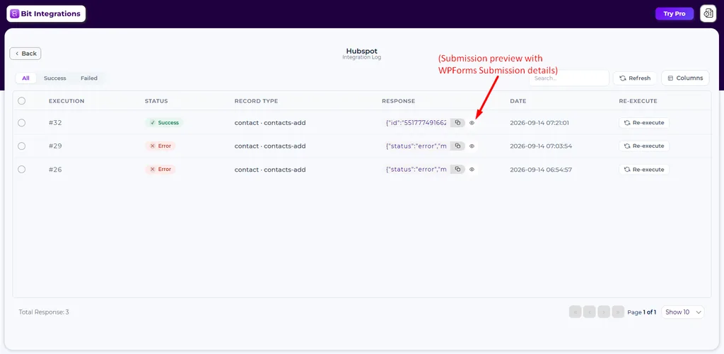 WPForms HubSpot Integration logs