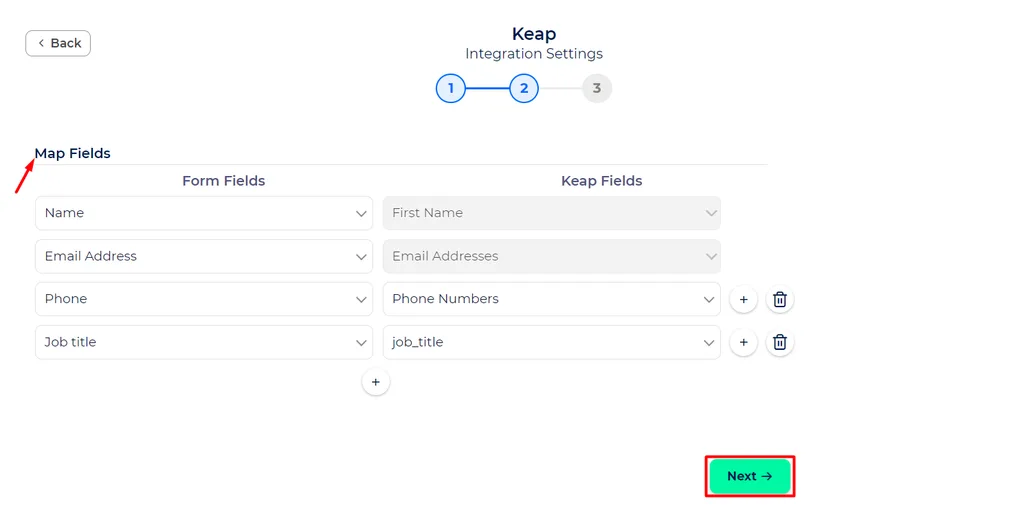 map the fields between WPFroms fields with Keap fields