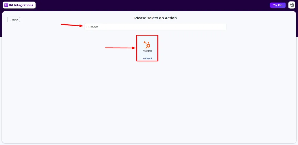 search and select HubSpot as an action